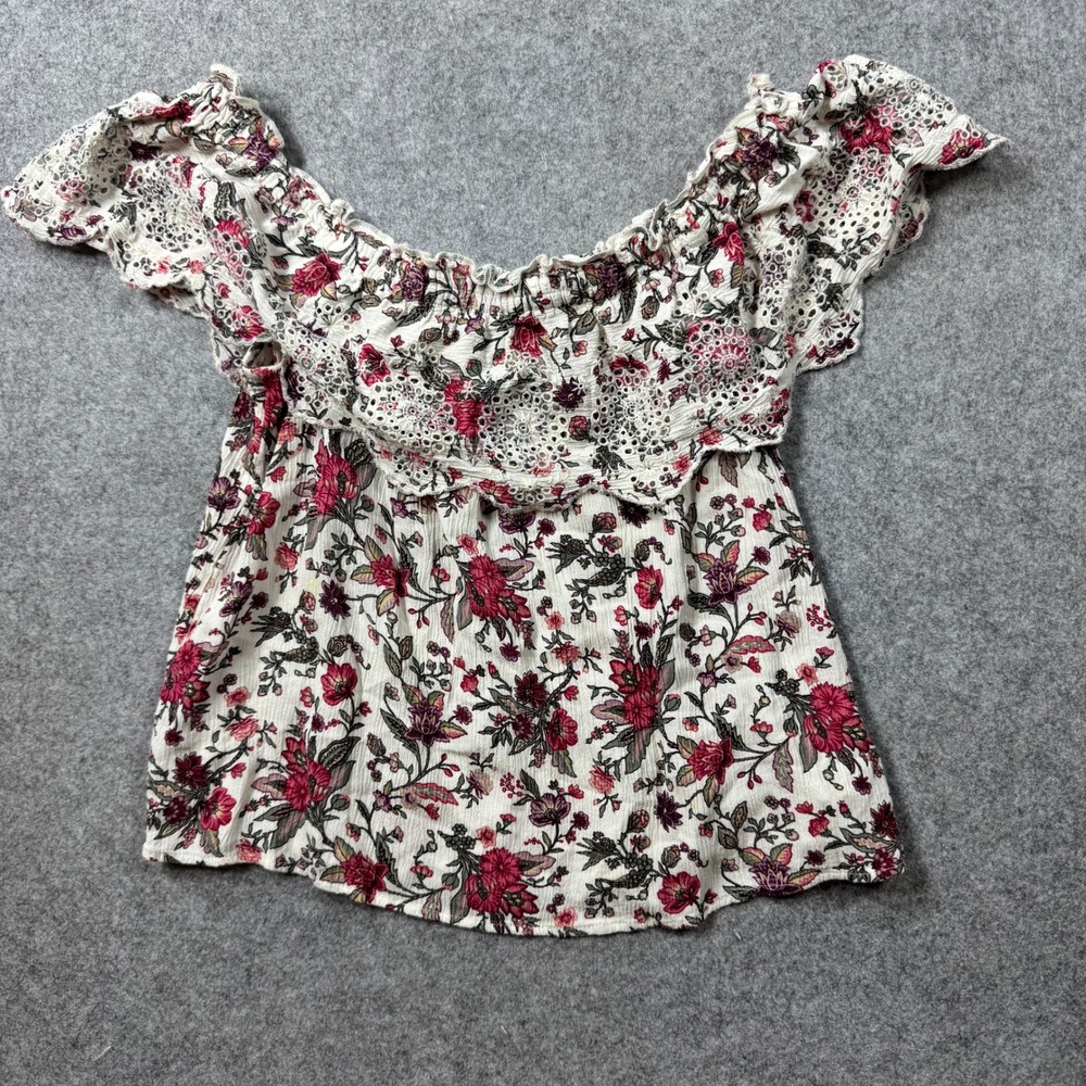 American‎ Eagle Womens Floral Off The Shoulder Blouse S Cream Pink Eyelet Lace